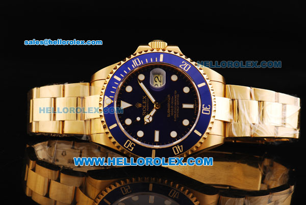 Rolex Submariner Swiss ETA 2836 Automatic Movement Gold Case and Strap with Blue Bezel and White Markers 43mm - Click Image to Close